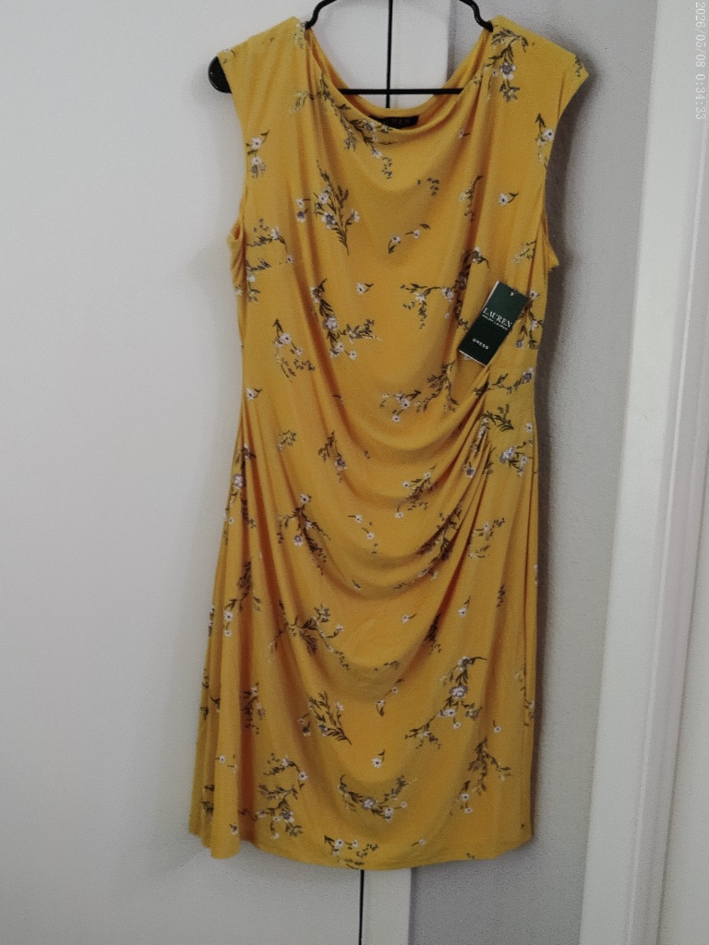 LAUREN RALPH LAUREN NWT DRESS YELLOW GOLD FLORAL POLYESTER BLEND MIDI SIZE 16